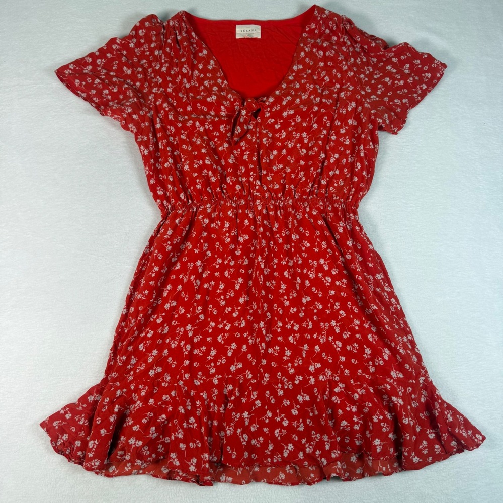 Sezane Gigi Silk Floral Mini Dress 38 Red White French Girl Romantic Ruffle Hem